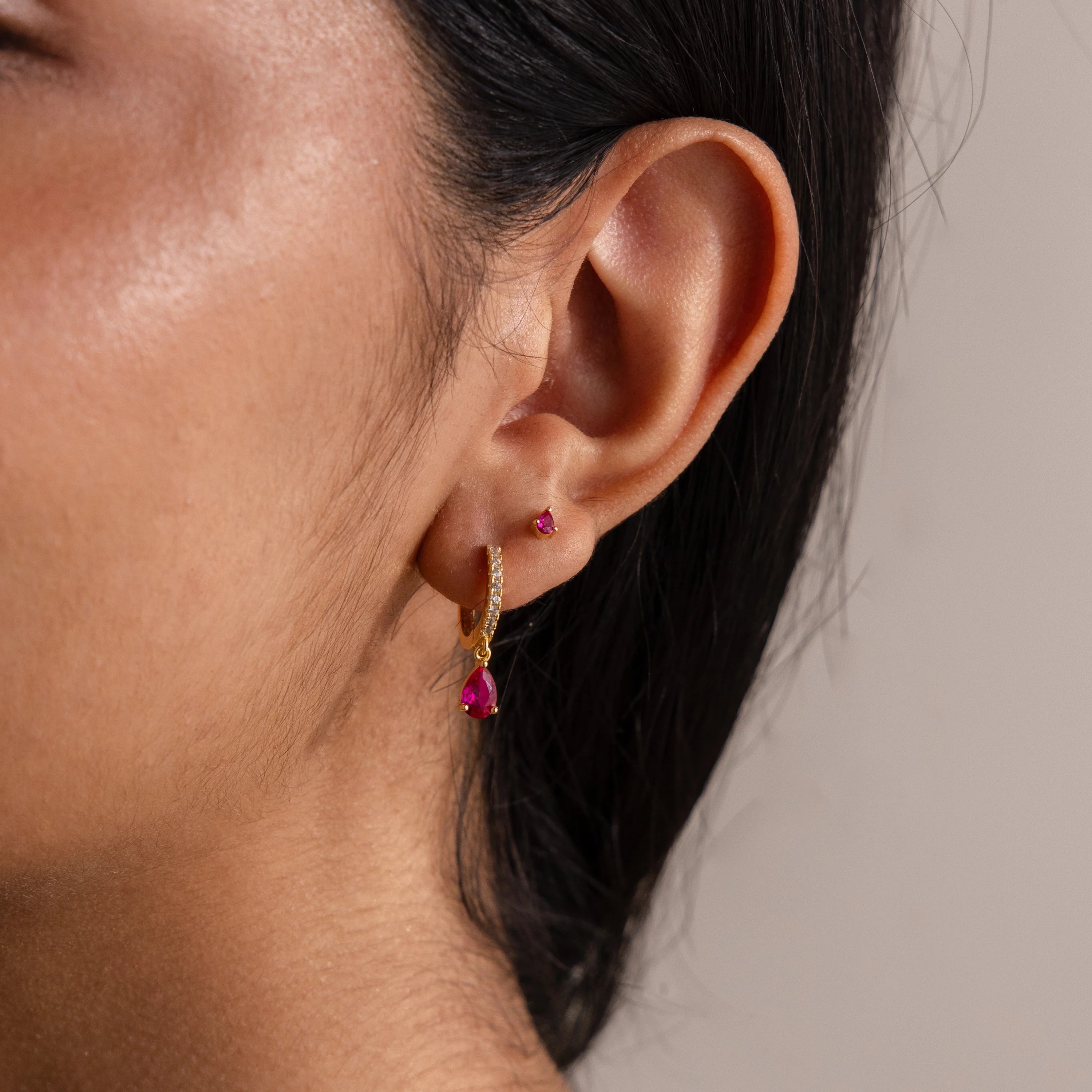 Teardrop Ruby Flatback Studs  Silver 18K Gold Plated