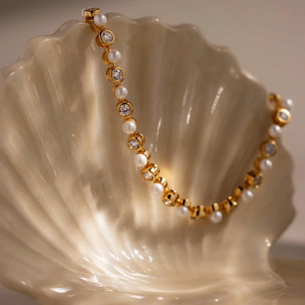 Pearl & Diamond Tennis Bracelet Silver 18K Gold Plated