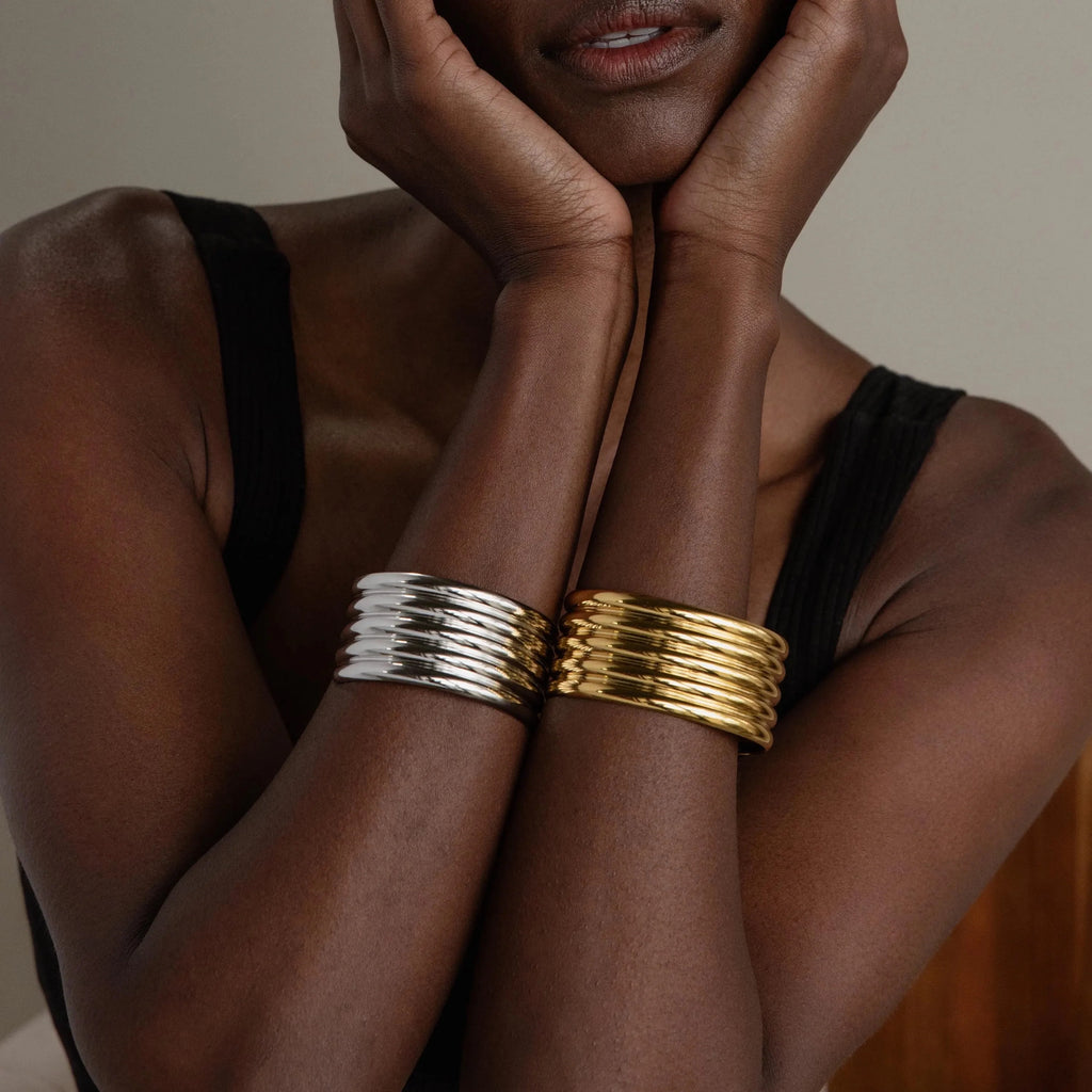 Ribbed Cuff Bracelet Silver 18K Gold Plated