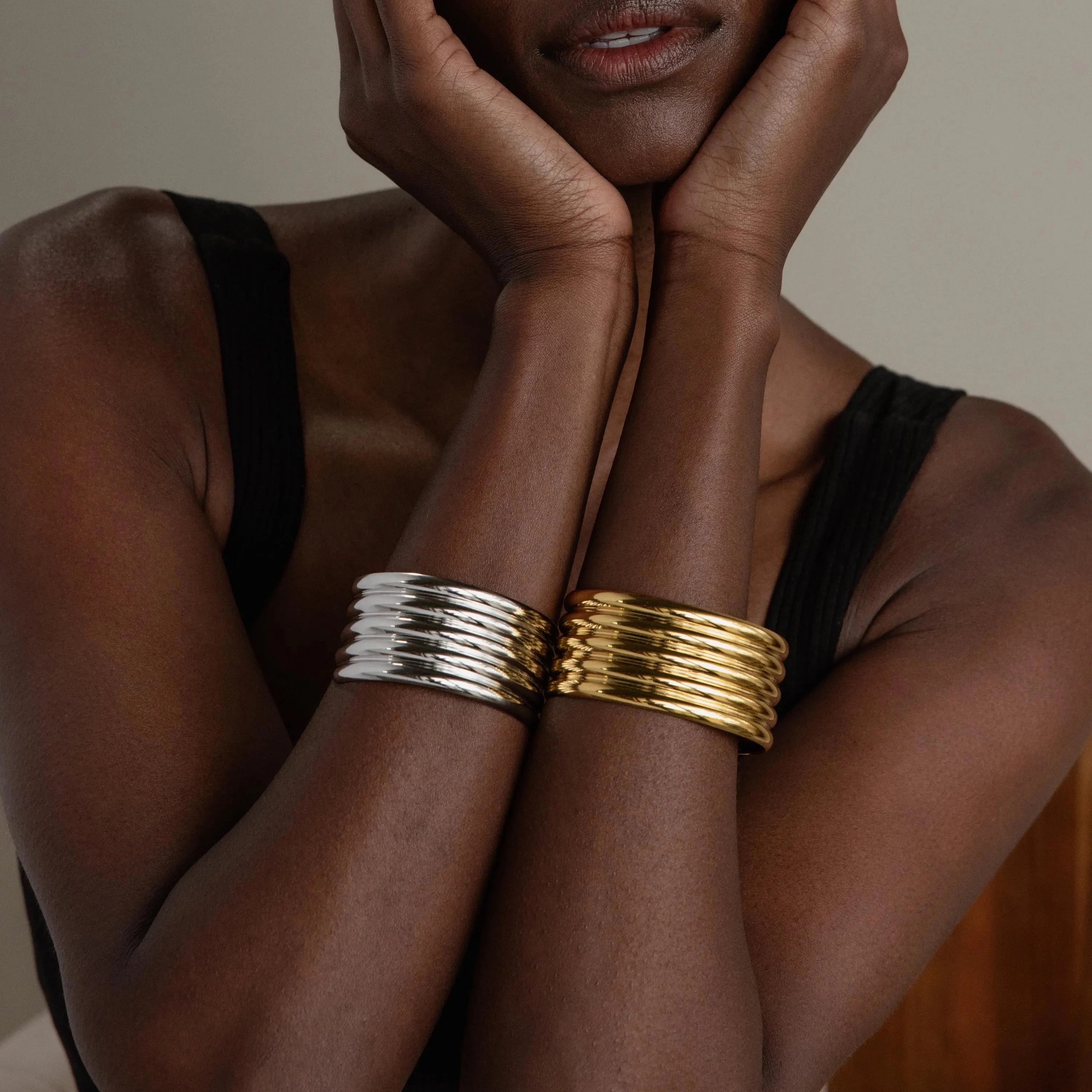 Ribbed Cuff Bracelet Silver 18K Gold Plated
