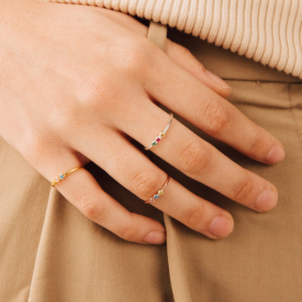 Tiny Triple Birthstone Ring Silver 18K Gold Plated