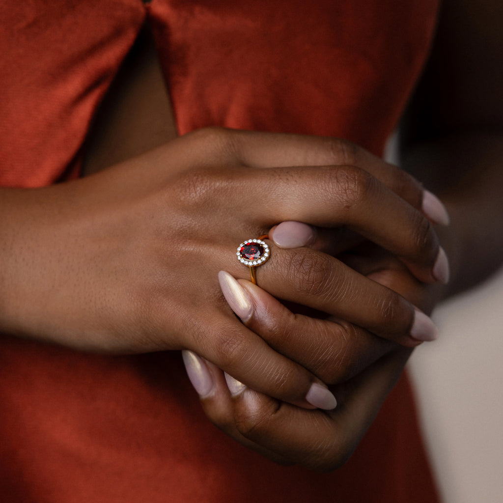 Diamond Garnet Pave Ring Silver 18K Gold Plated