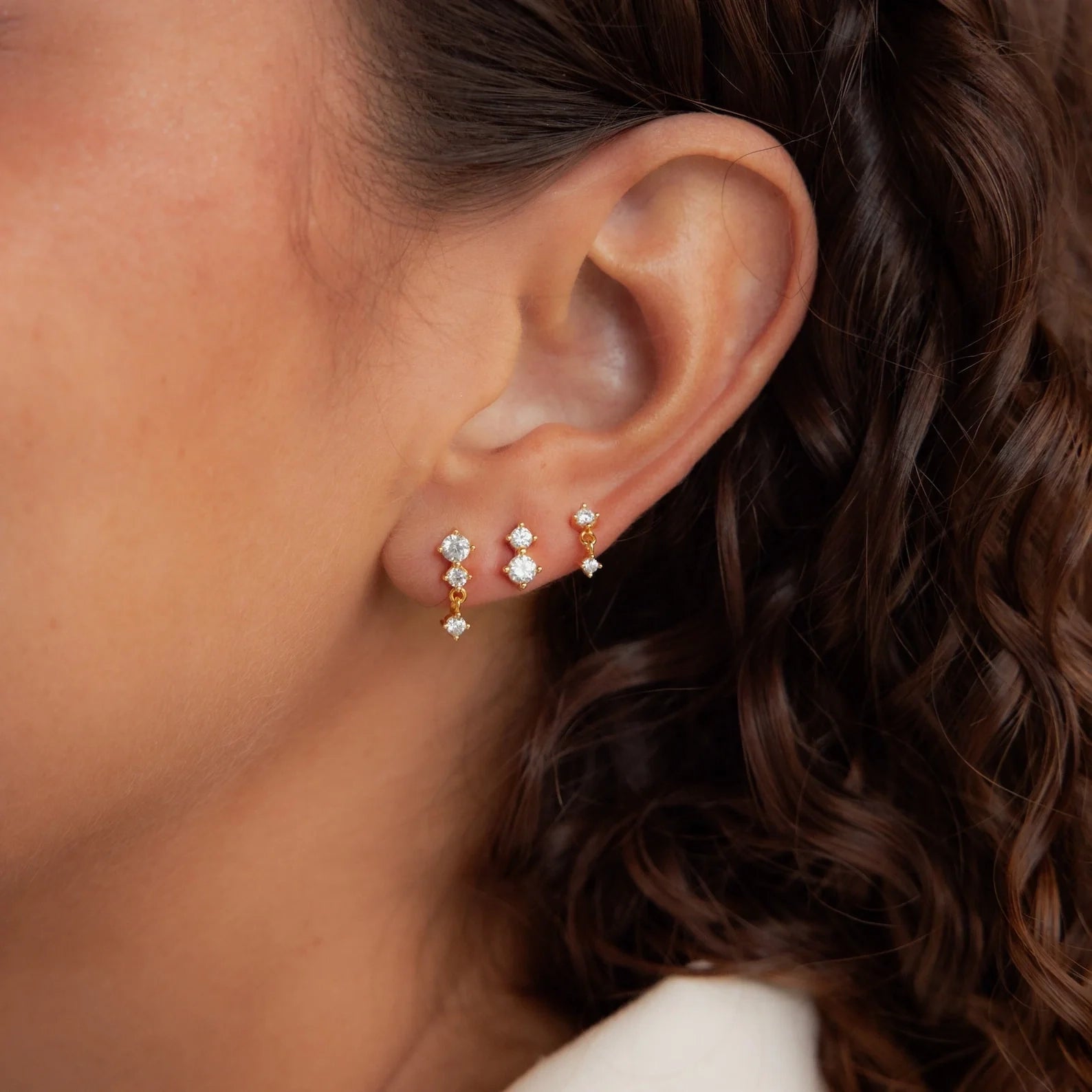 Triple Diamond Studs Set Silver 18K Gold Plated