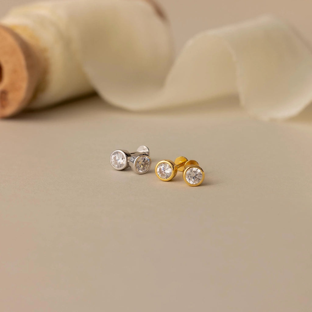 Diamond Bezel Flatback Studs Silver 18K Gold Plated