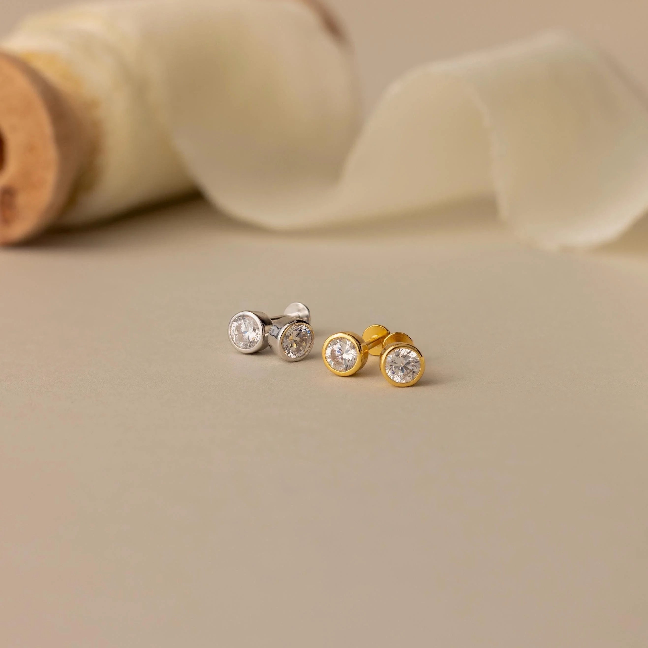 Diamond Bezel Flatback Studs Silver 18K Gold Plated