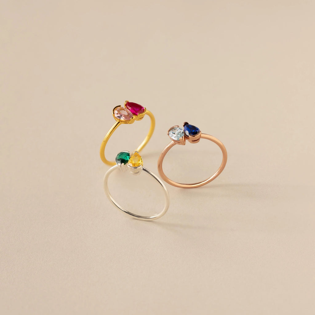 Toi et Moi Pear Birthstone Ring Silver 18K Gold Plated