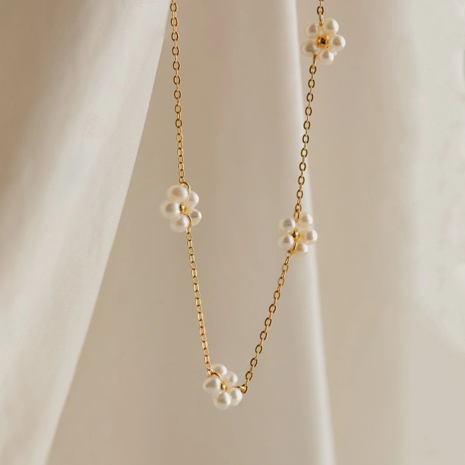 Flower Pearl Station Necklace Silver 18K Gold Plated