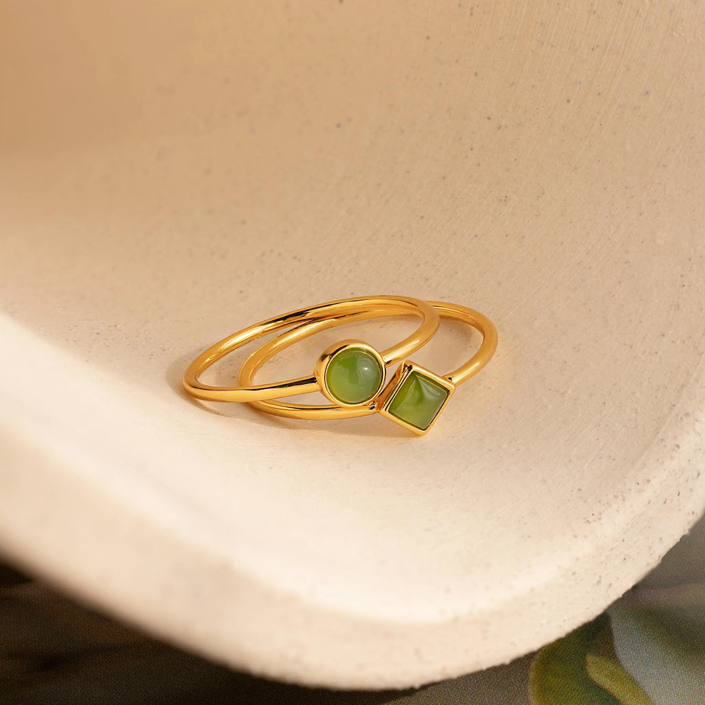 Dainty Jade Ring Set Silver 18K Gold Plated