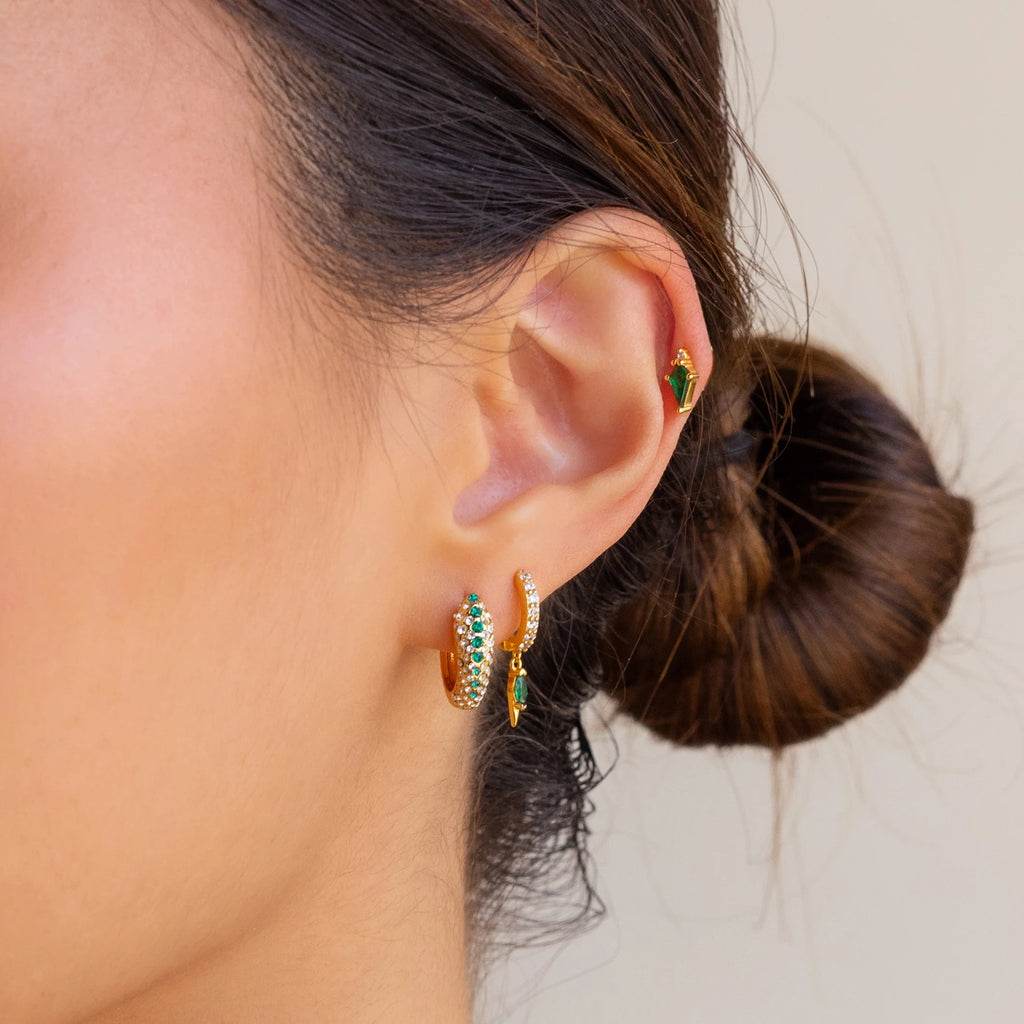 Emerald Pave Snake Hoops Silver 18K Gold Plated