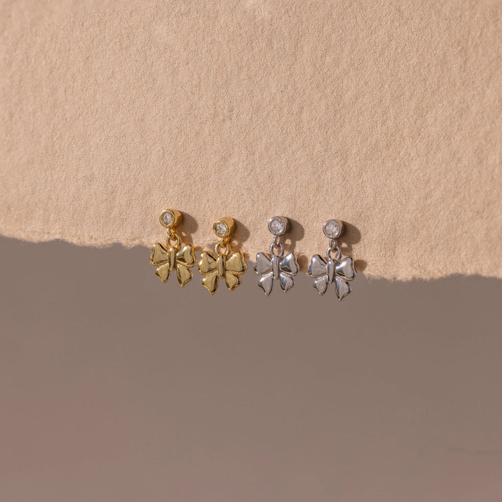 Diamond Bow Drop Studs Silver 18K Gold Plated