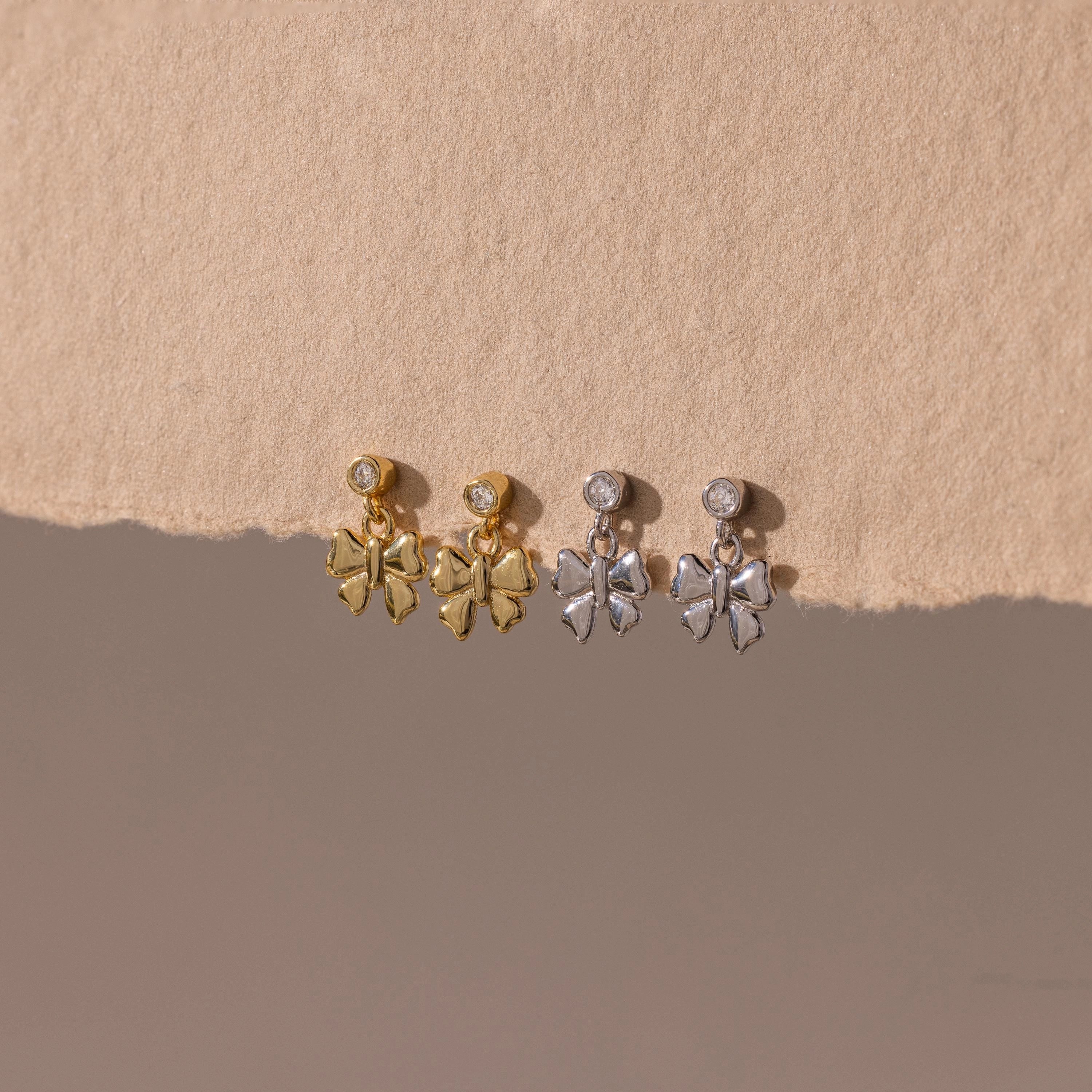 Diamond Bow Drop Studs Silver 18K Gold Plated