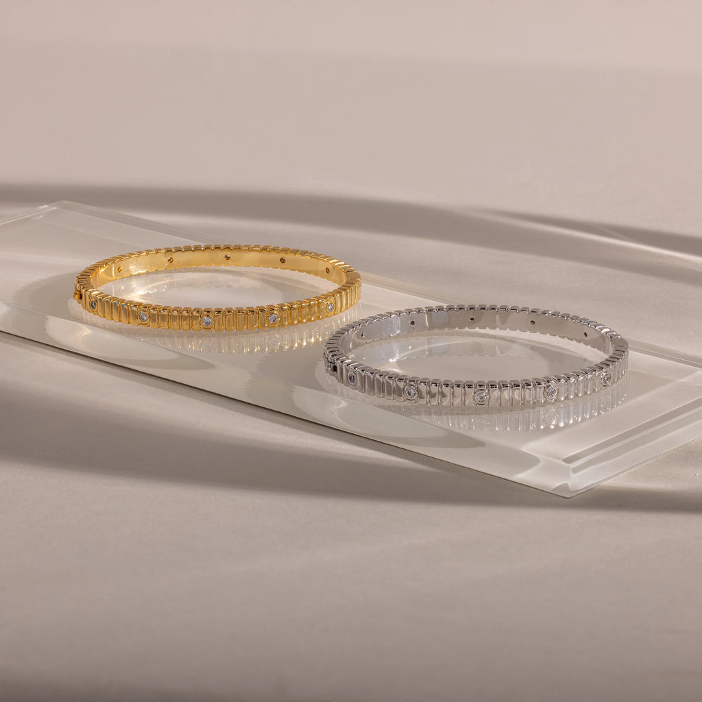 Ribbed Diamond Bangle Silver 18K Gold Plated