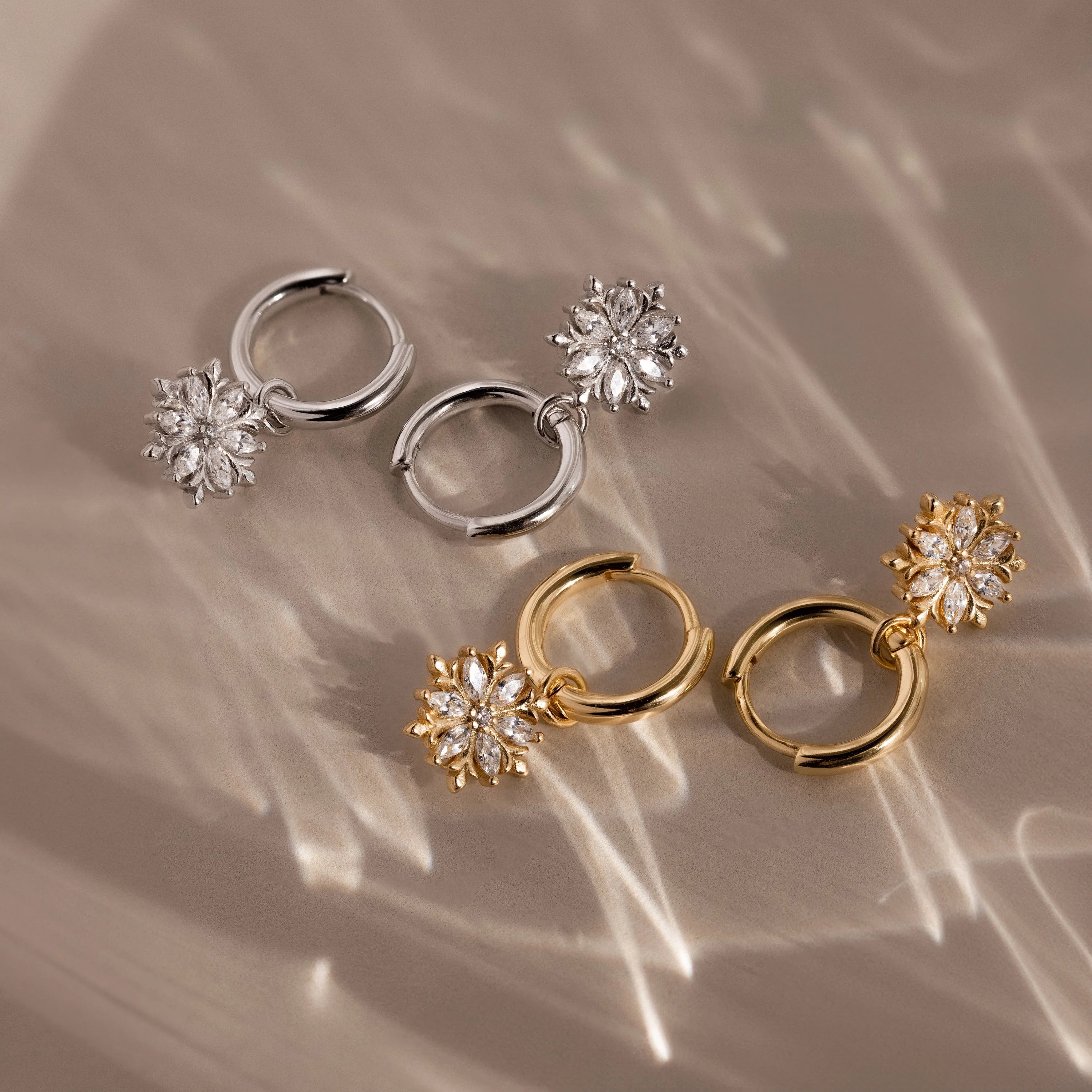 Diamond Poinsettia Charm Hoops Silver 18K Gold Plated