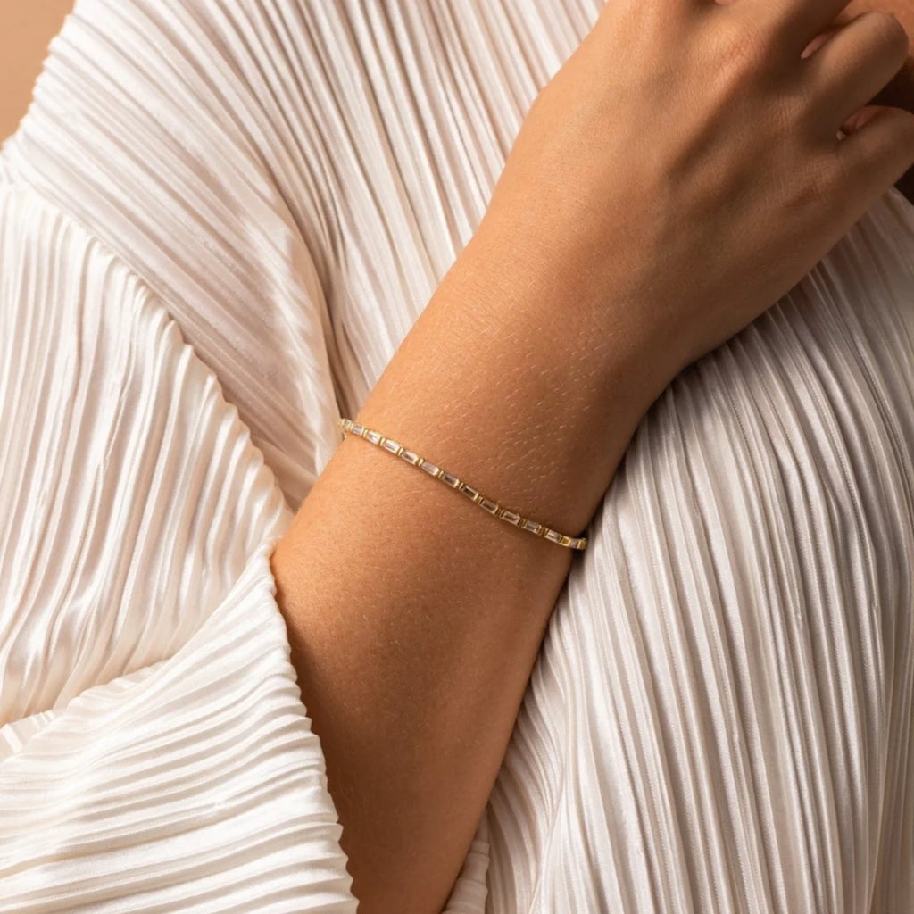 Baguette Diamond Tennis Bracelet Silver 18K Gold Plated