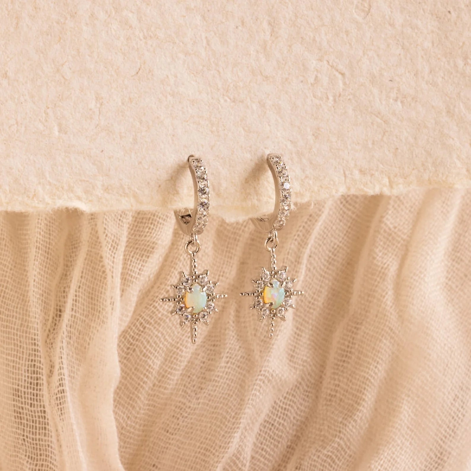 Opal Star Charm Necklace & Earrings Set Silver 18K Gold Plated