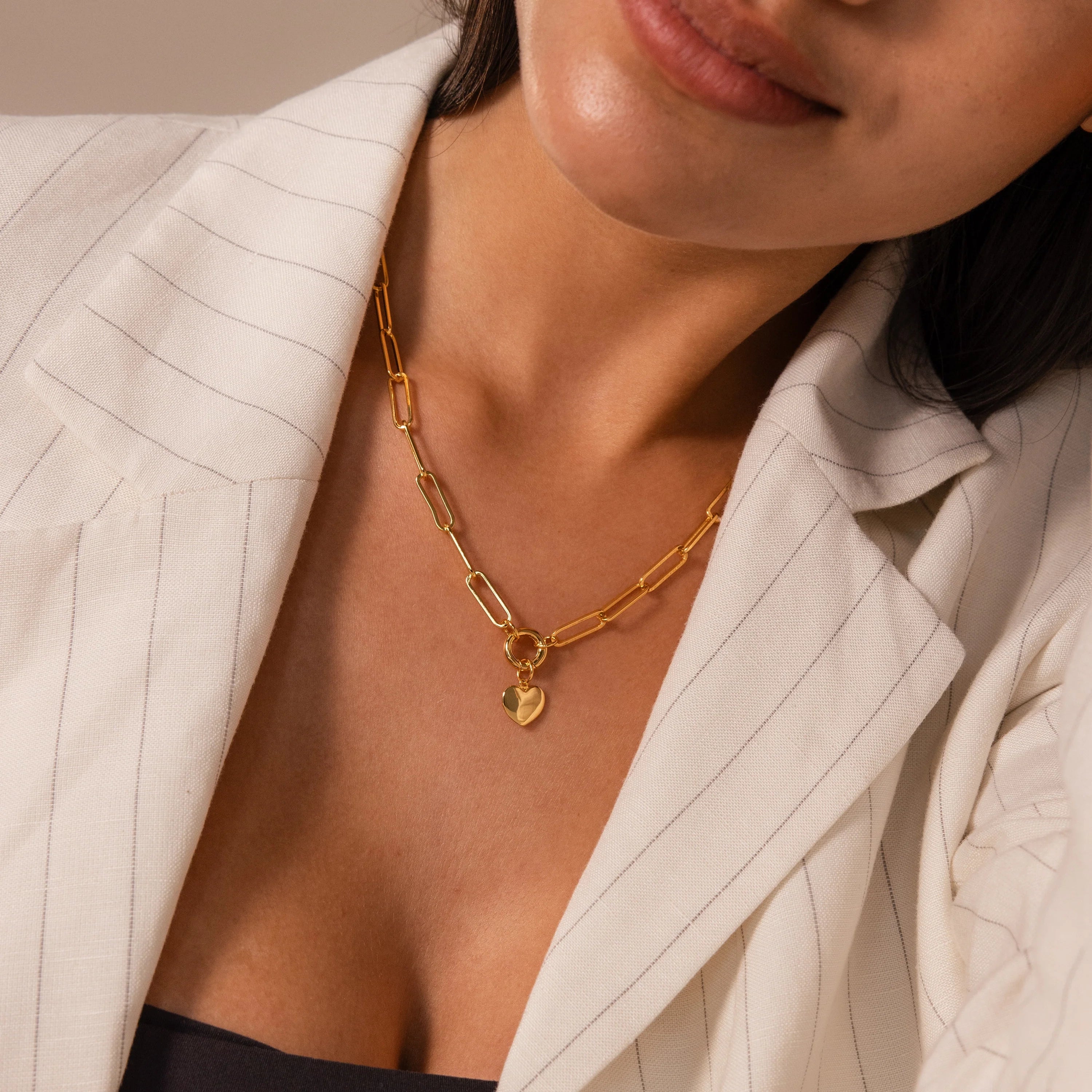 Paperclip Heart Charm Necklace Silver 18K Gold Plated