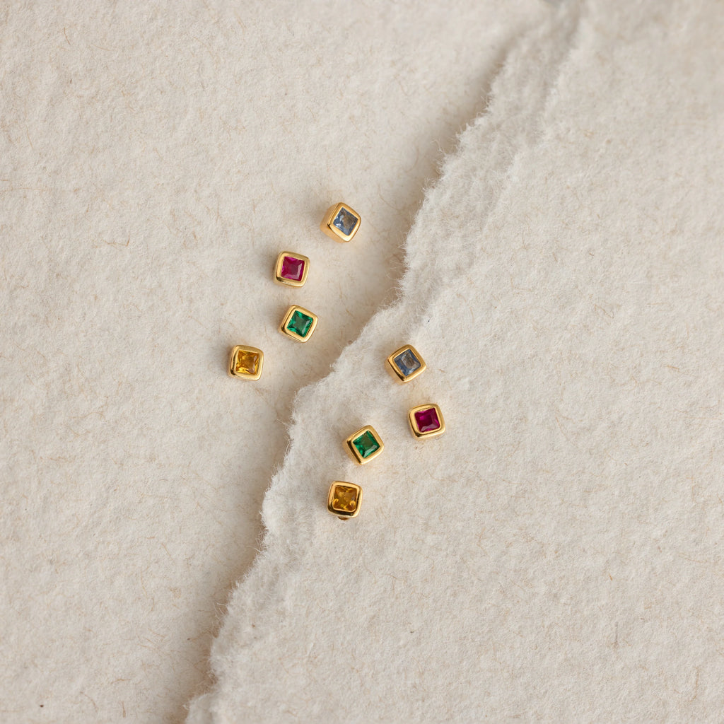 Square Bezel Garnet Flatback Studs Silver 18K Gold Plated