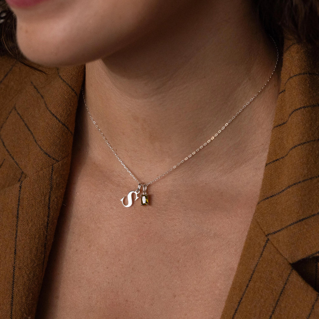 Initial Birthstone Charm Necklace Silver 18K Gold Plated