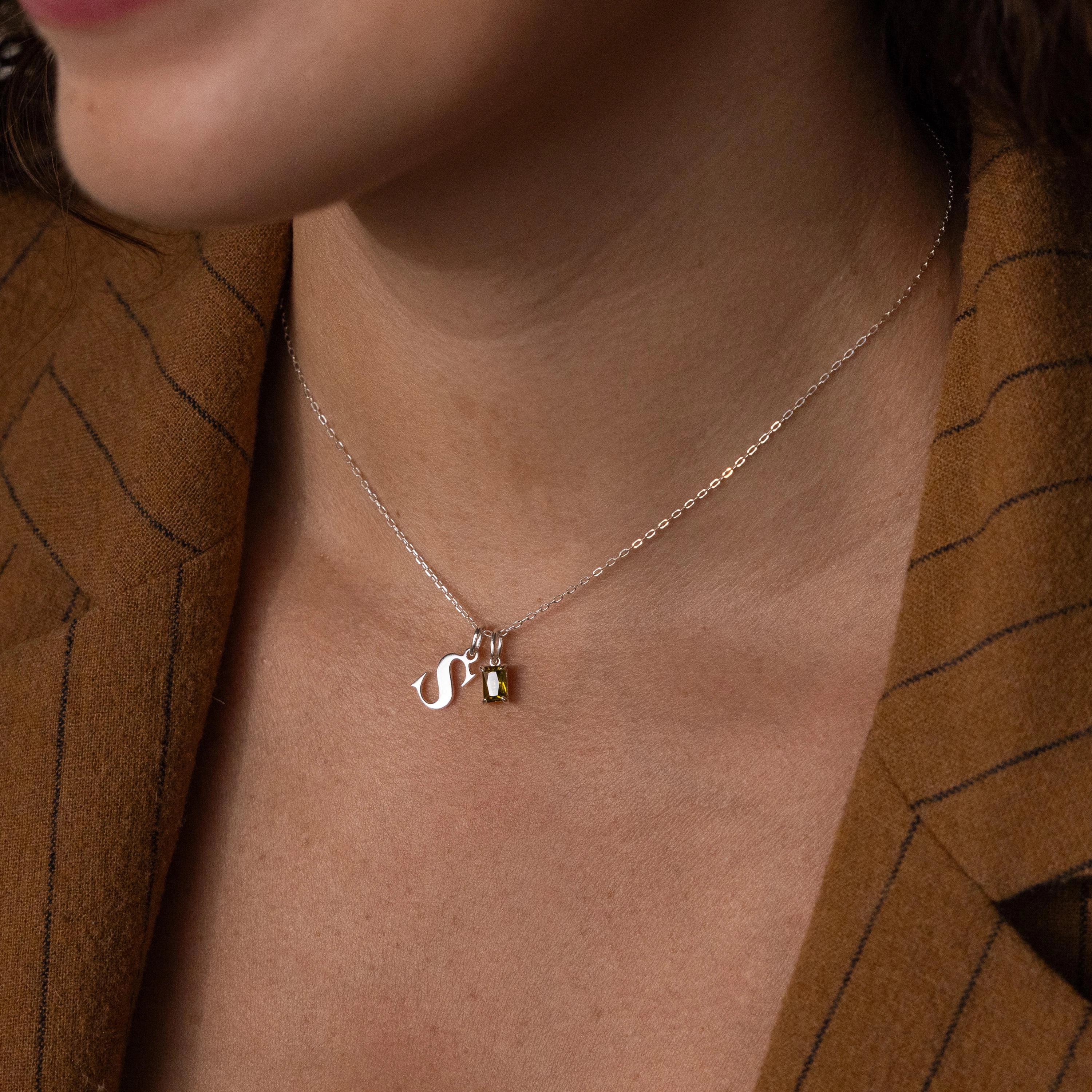 Initial Birthstone Charm Necklace Silver 18K Gold Plated