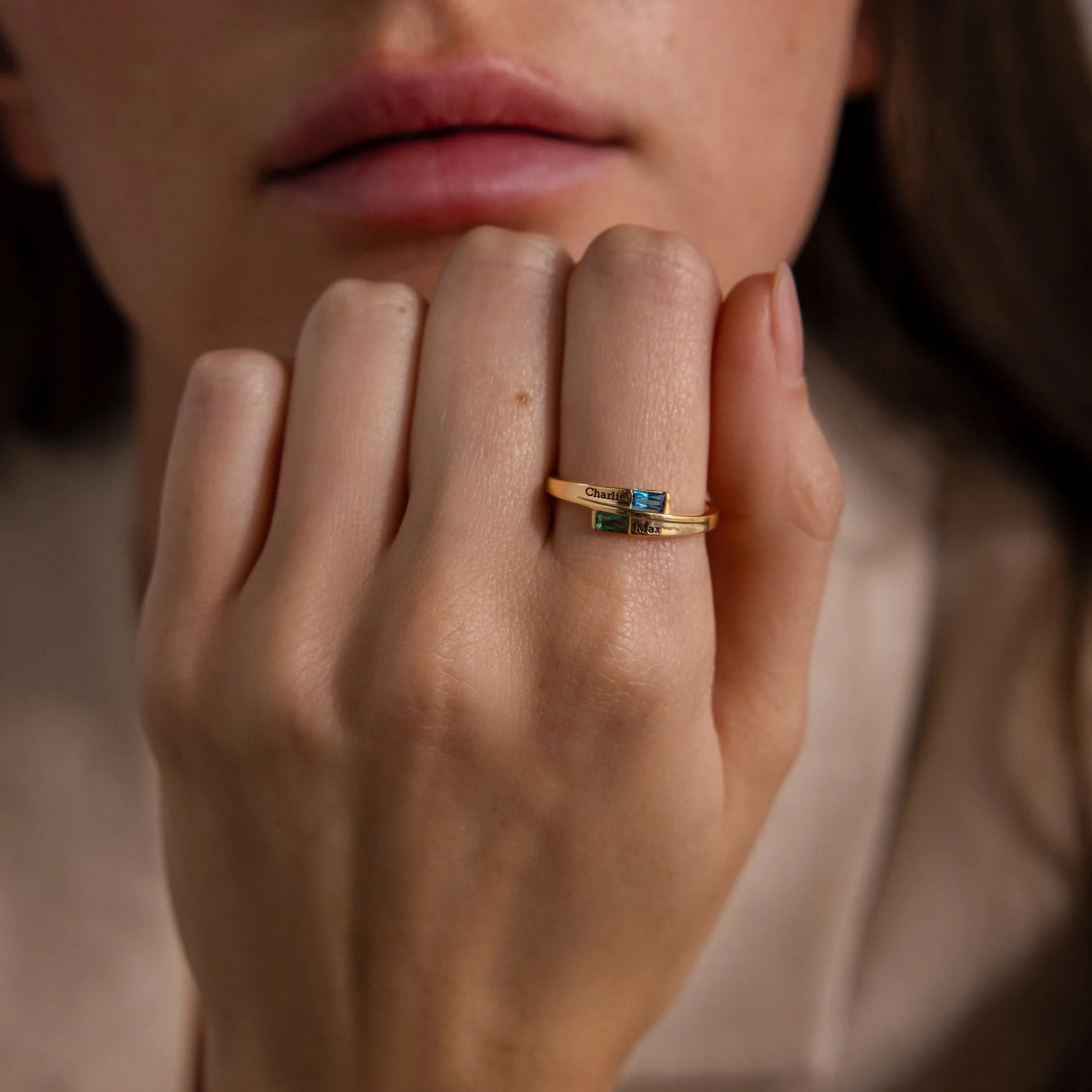 Toi et Moi Baguette Cut Name Ring Silver 18K Gold Plated