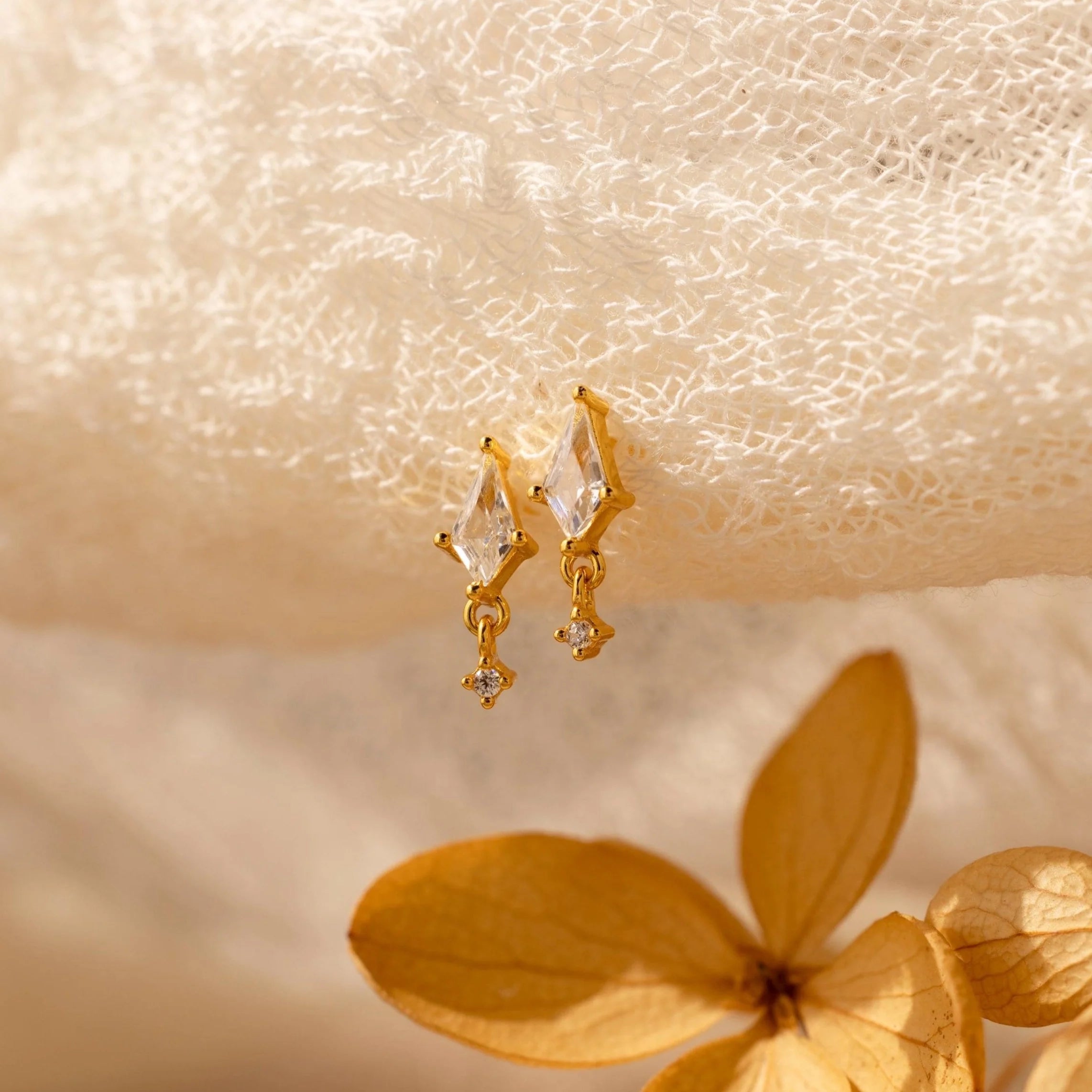 Diamond Kite Drop Earrings Silver 18K Gold Plated