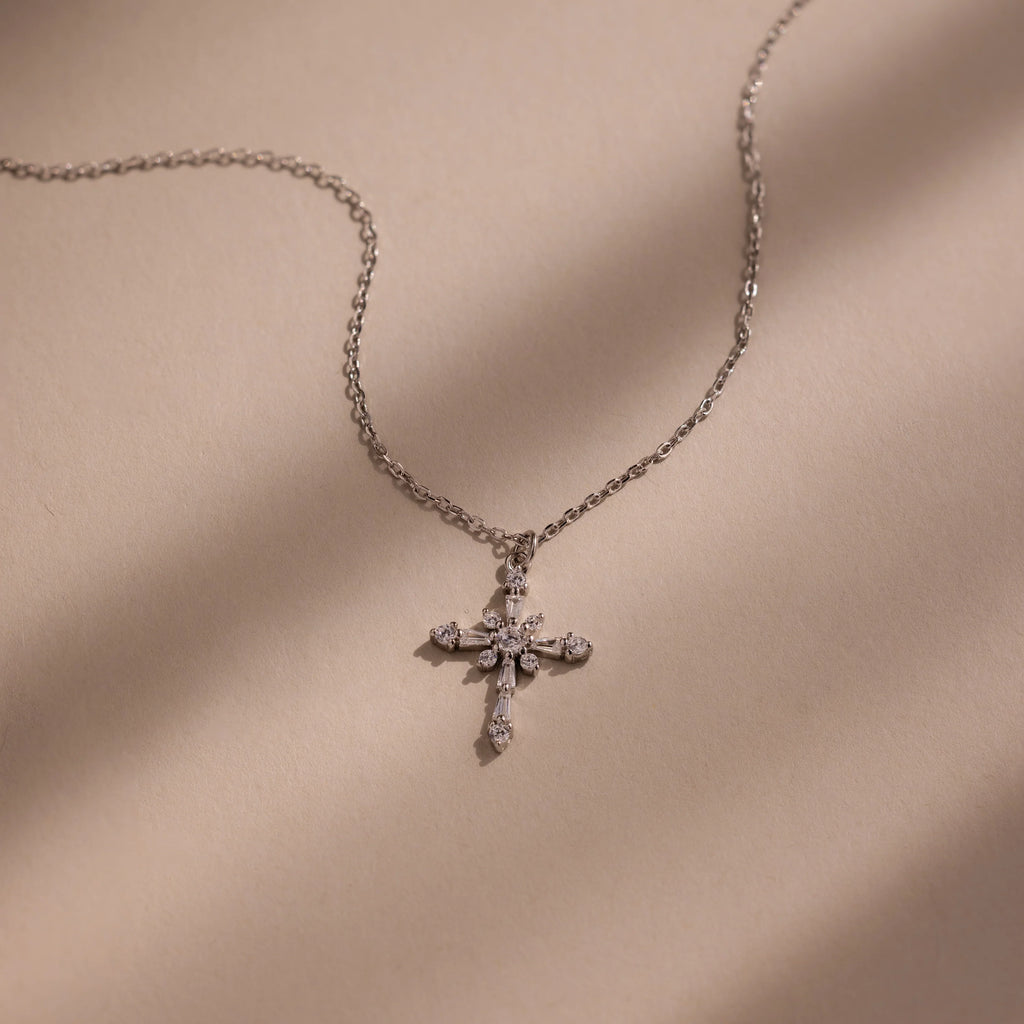 Vintage Diamond Cross Necklace Silver 18K Gold Plated