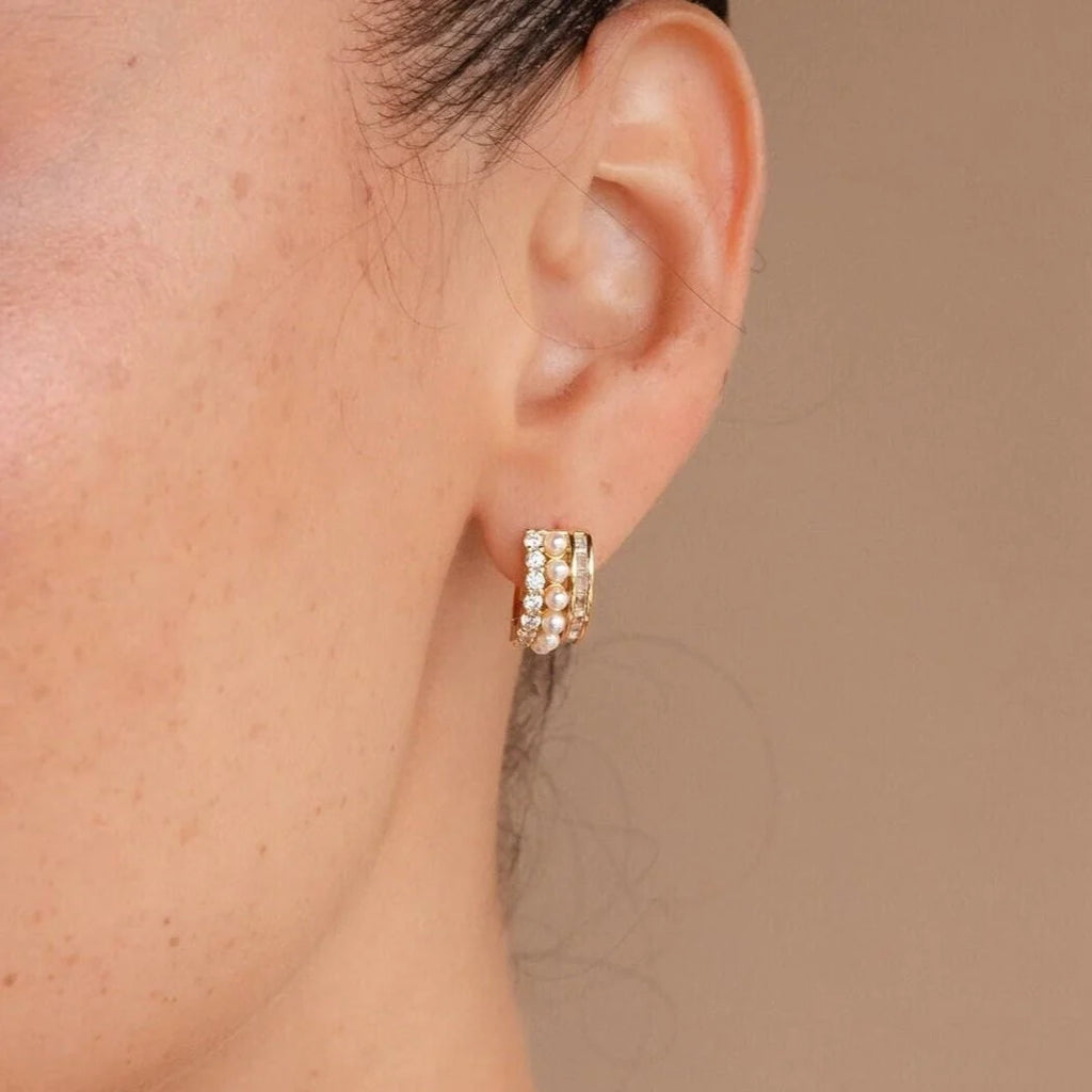 Diamond Pearl Stacked Hoops Silver 18K Gold Plated