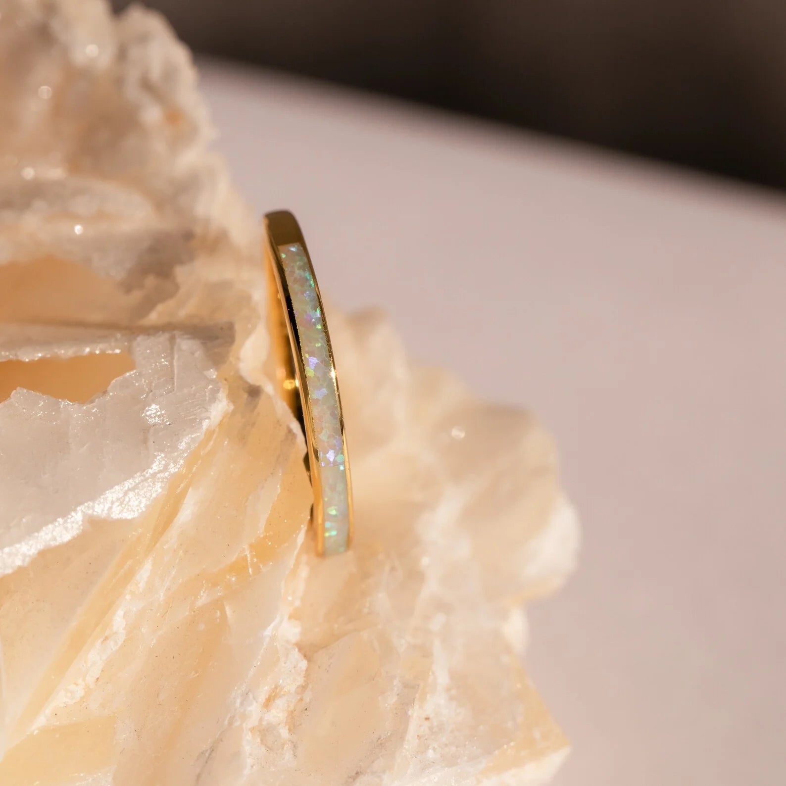 White Opal Inlay Band Silver 18K Gold Plated