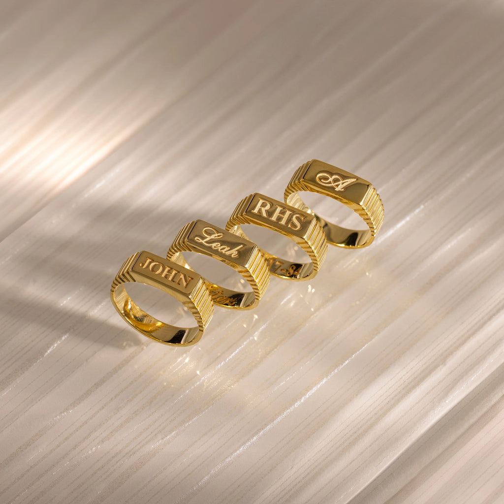 Ribbed Name Signet Ring Silver 18K Gold Plated