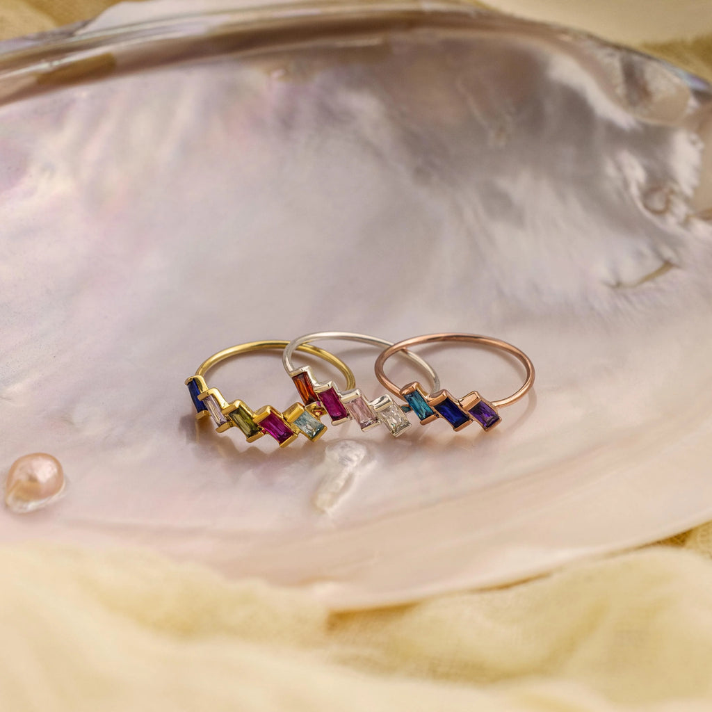 Multiple Baguette Birthstone Ring Silver 18K Gold Plated