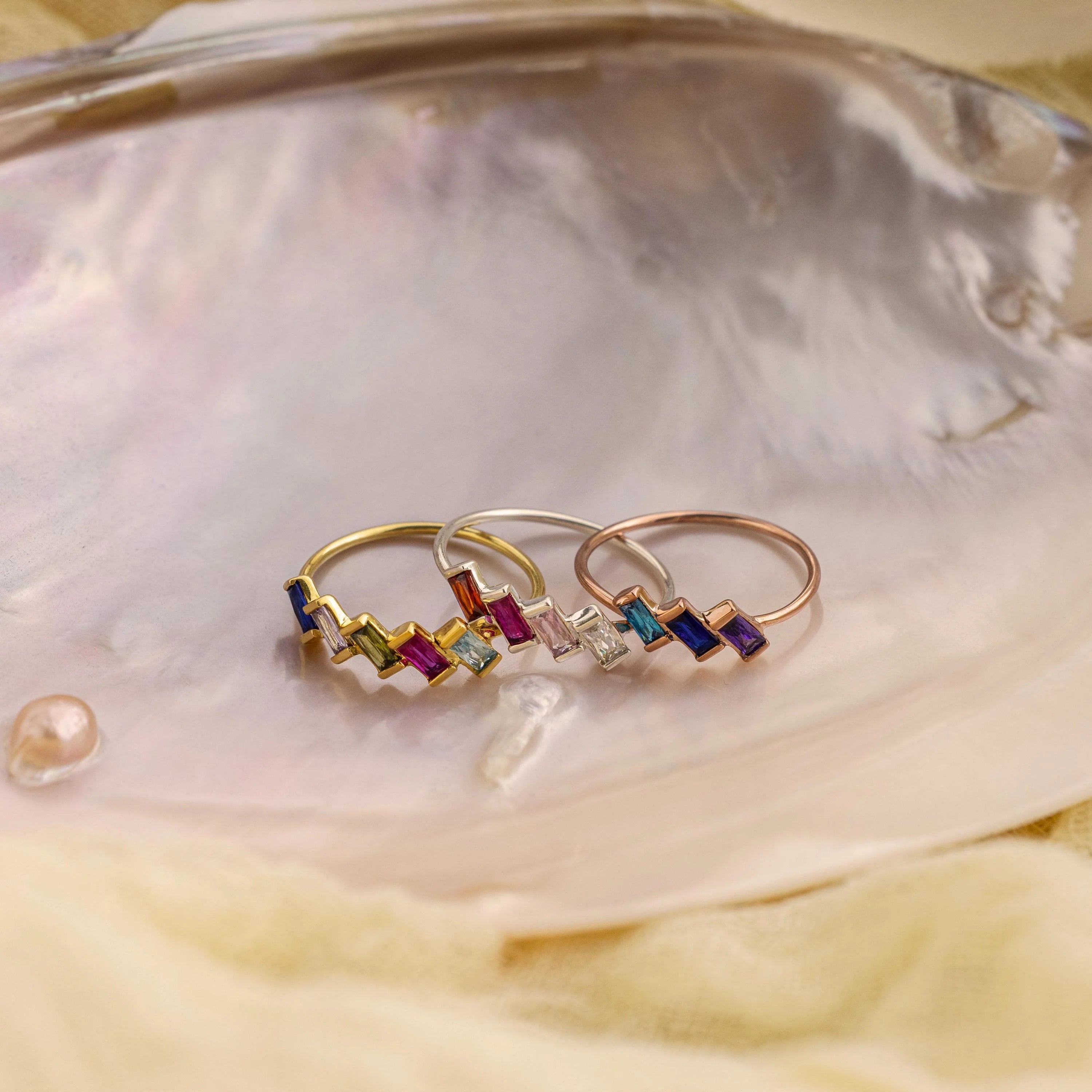 Multiple Baguette Birthstone Ring Silver 18K Gold Plated