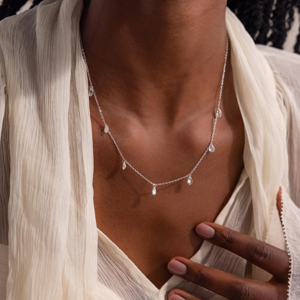 Diamond Drop Station Necklace Silver 18K Gold Plated