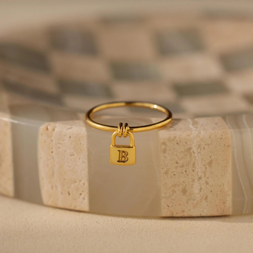 Initial Padlock Drop Ring Silver 18K Gold Plated