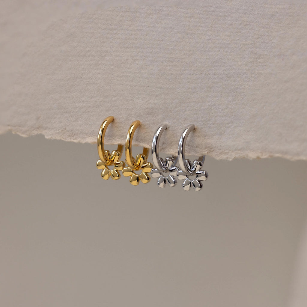Flower Charm Huggies Silver 18K Gold Plated