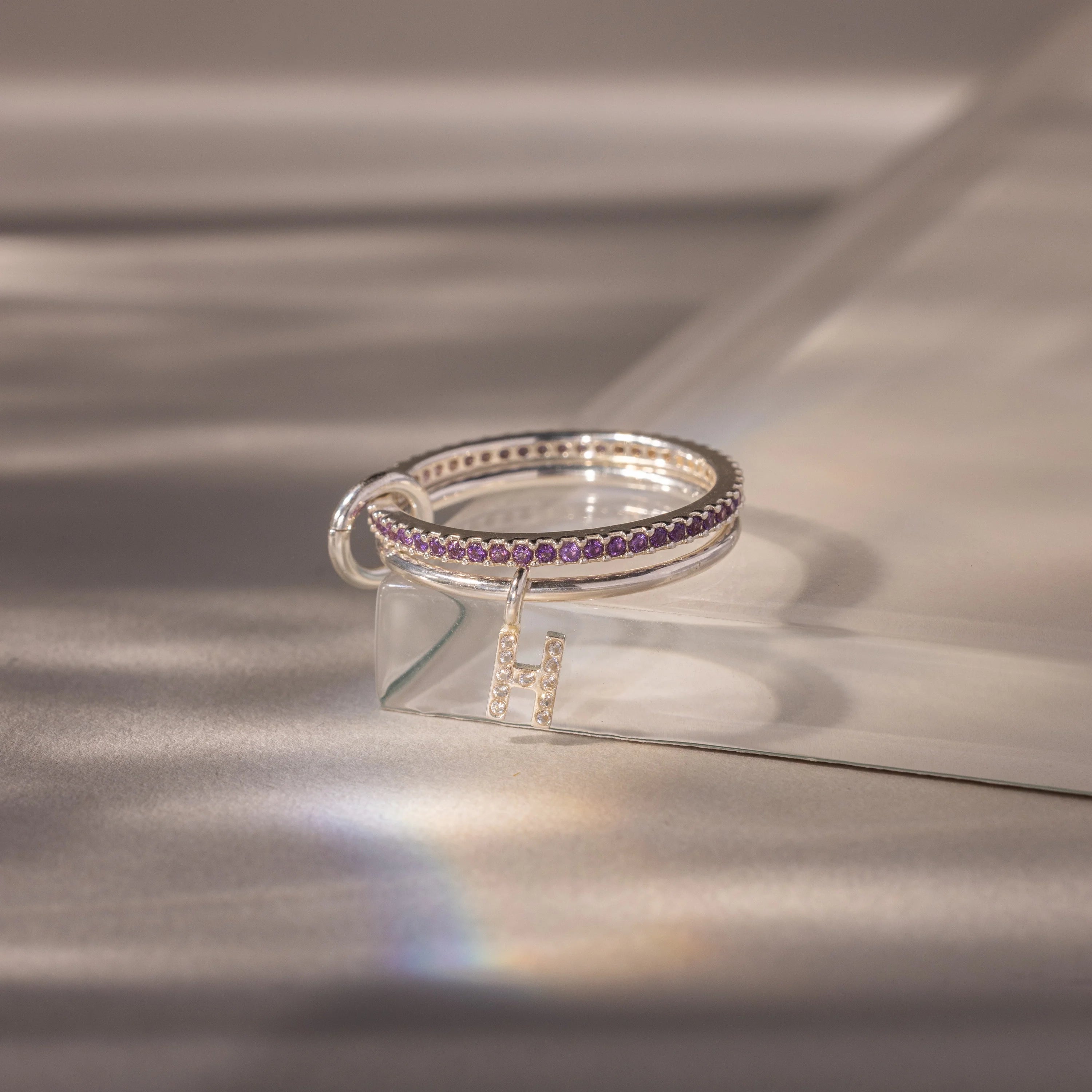Linked Initial Amethyst Ring Set Silver 18K Gold Plated