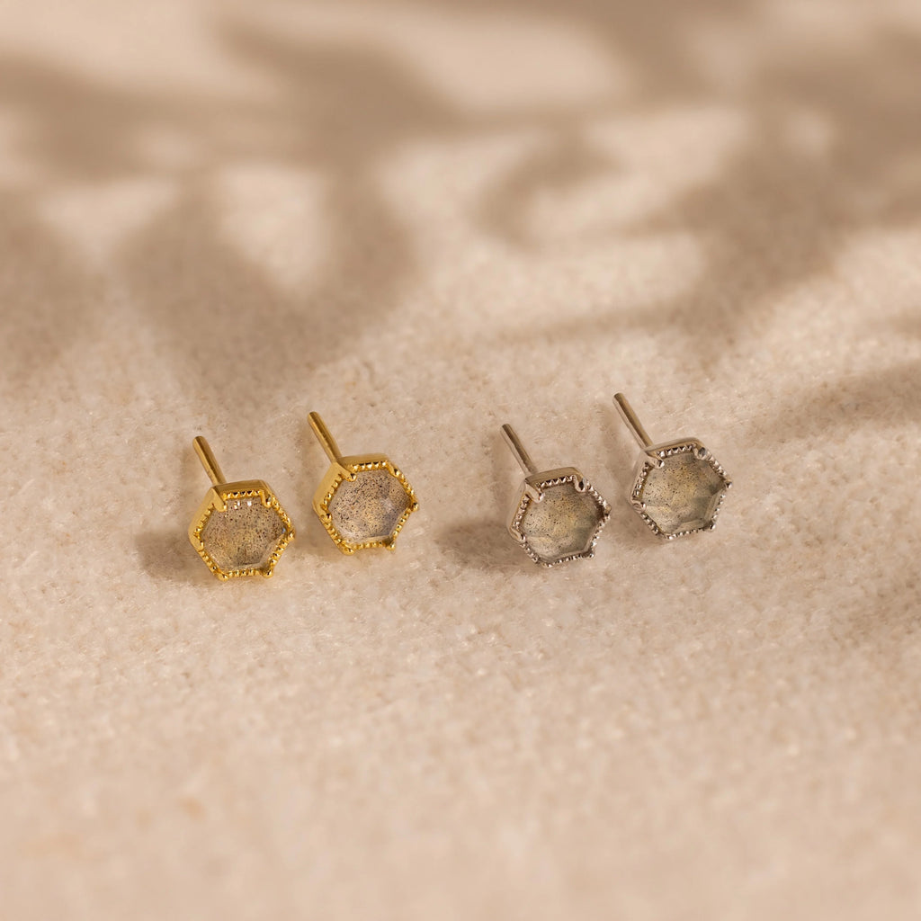 Labradorite Hexagon Studs Silver 18K Gold Plated