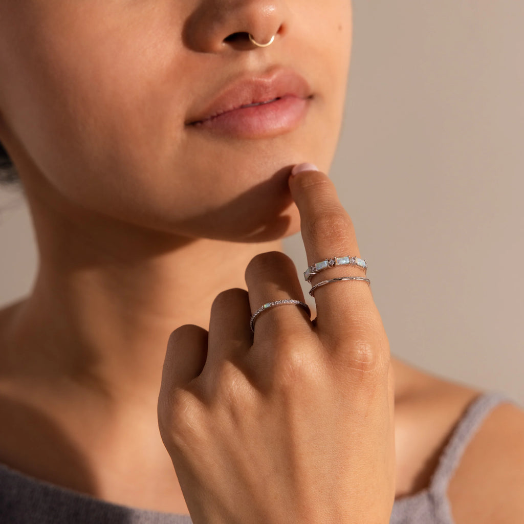 Pave Opal Ring Set Silver 18K Gold Plated