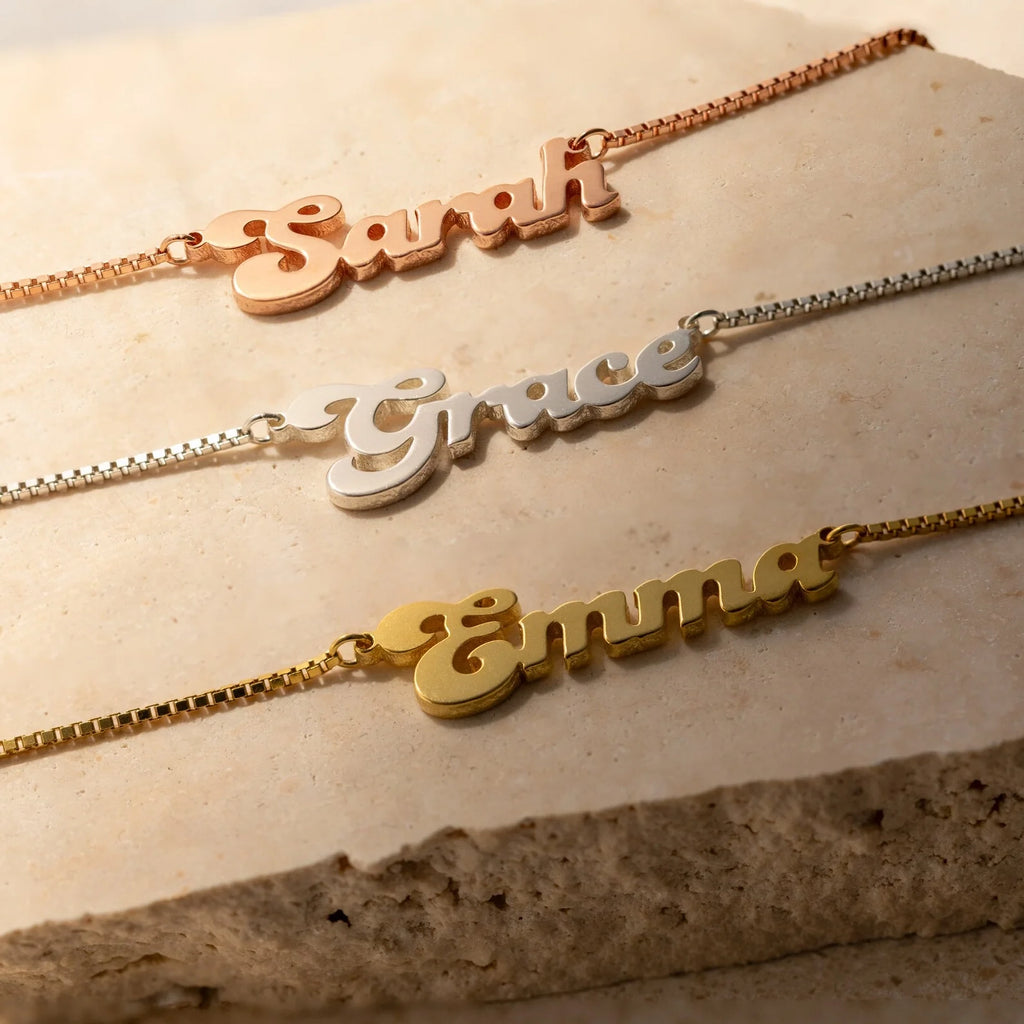 Groovy Name Box Chain Necklace Silver 18K Gold Plated