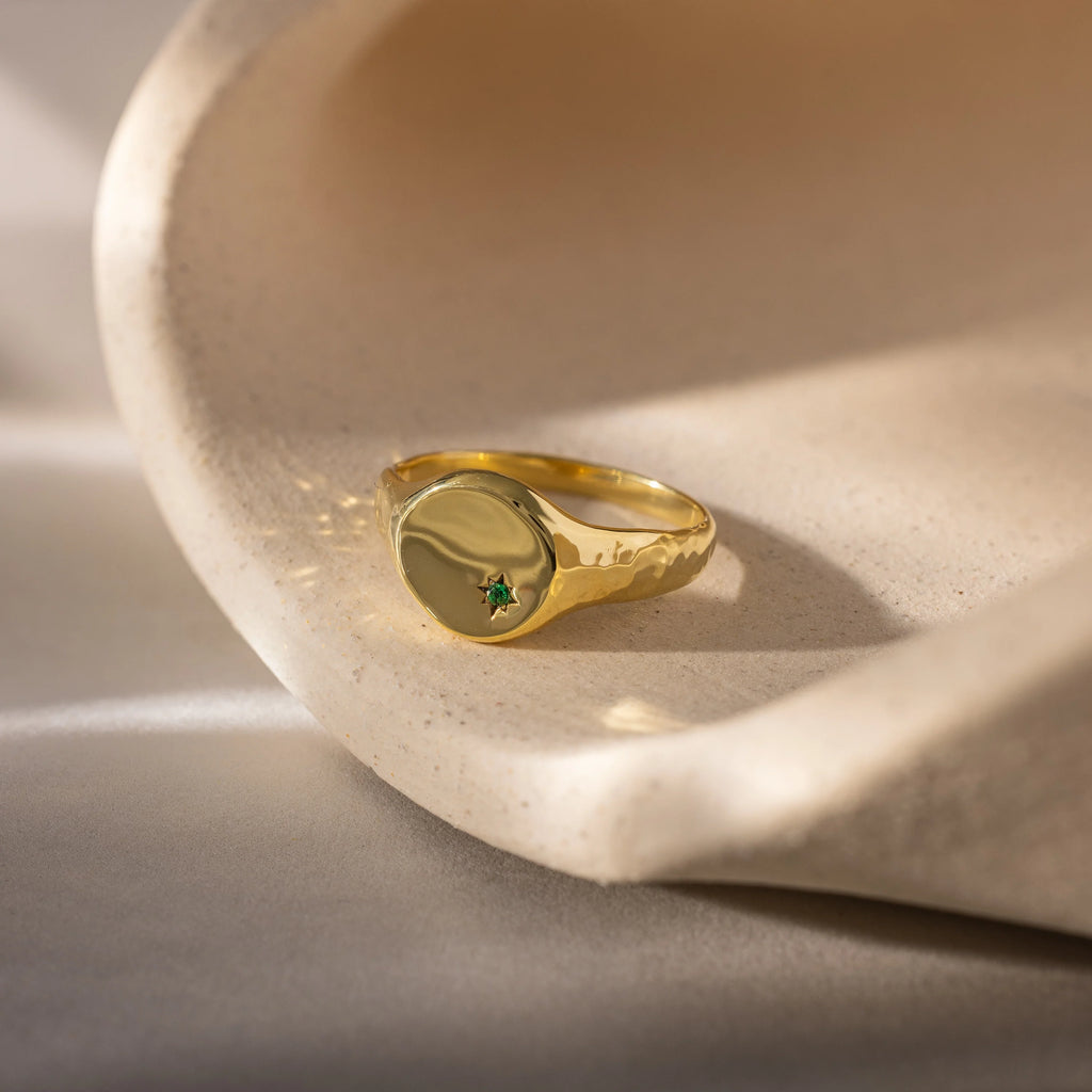 North Star Emerald Signet Ring Silver 18K Gold Plated