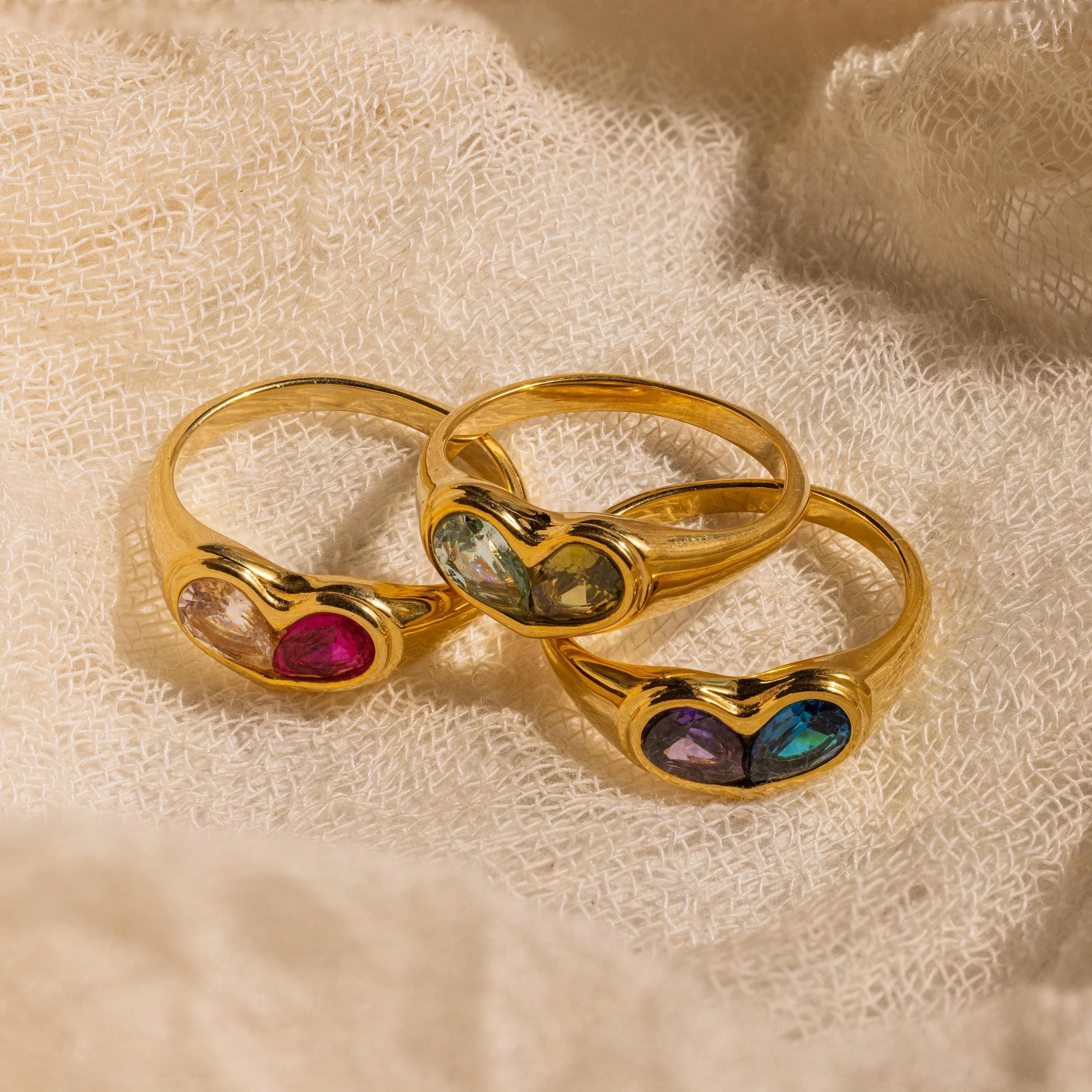 Duo Birthstone Heart Signet Ring Silver 18K Gold Plated
