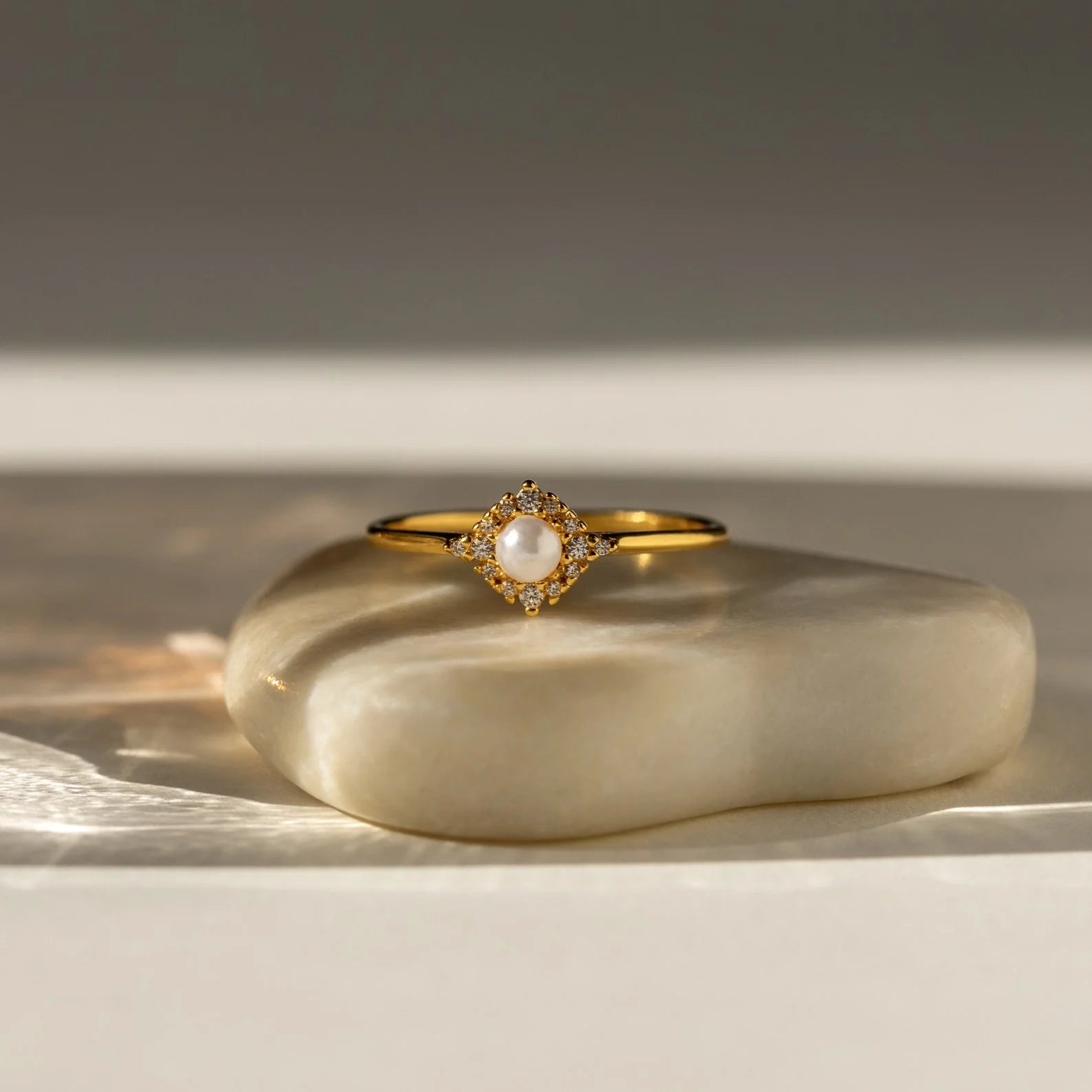 Vintage Pave Pearl Ring  Silver 18K Gold Plated