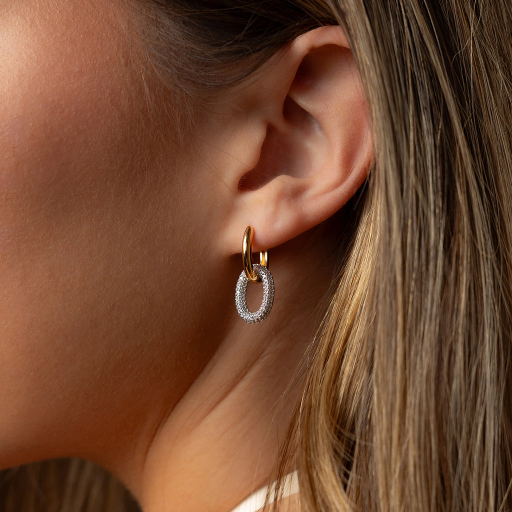 Mixed Metal Linked Pave Diamonds Hoops Silver 18K Gold Plated