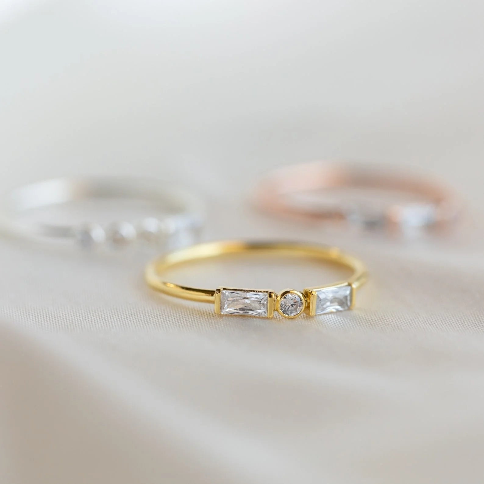 Initial Diamond Baguette Ring Silver 18K Gold Plated