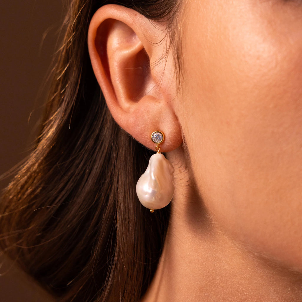 Diamond Baroque Pearl Studs Silver 18K Gold Plated