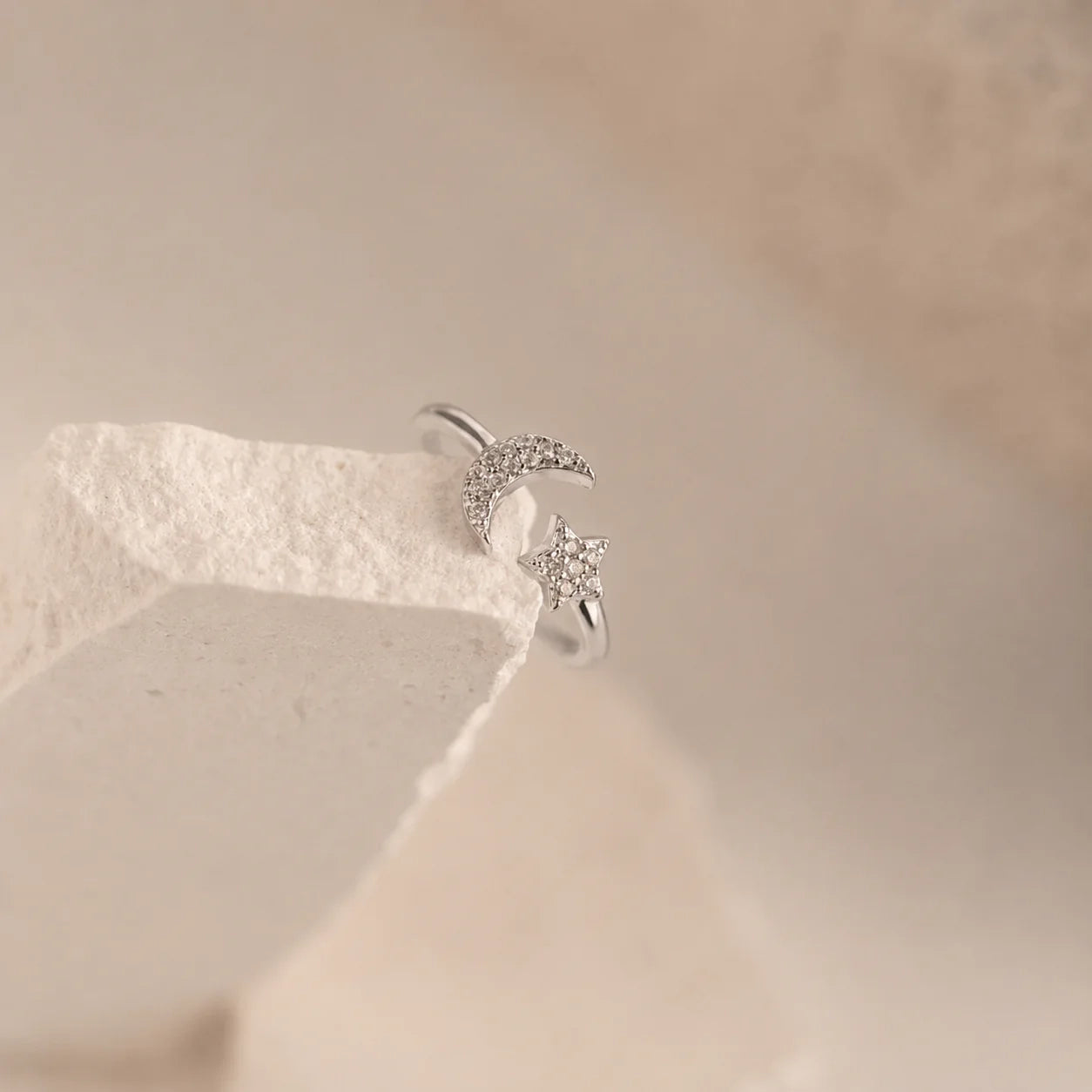 Pave Star and Moon Ring: Sterling Silver with 18K Gold Finish and Celestial Design