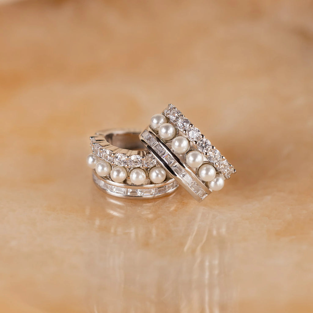 Diamond Pearl Stacked Hoops Silver 18K Gold Plated