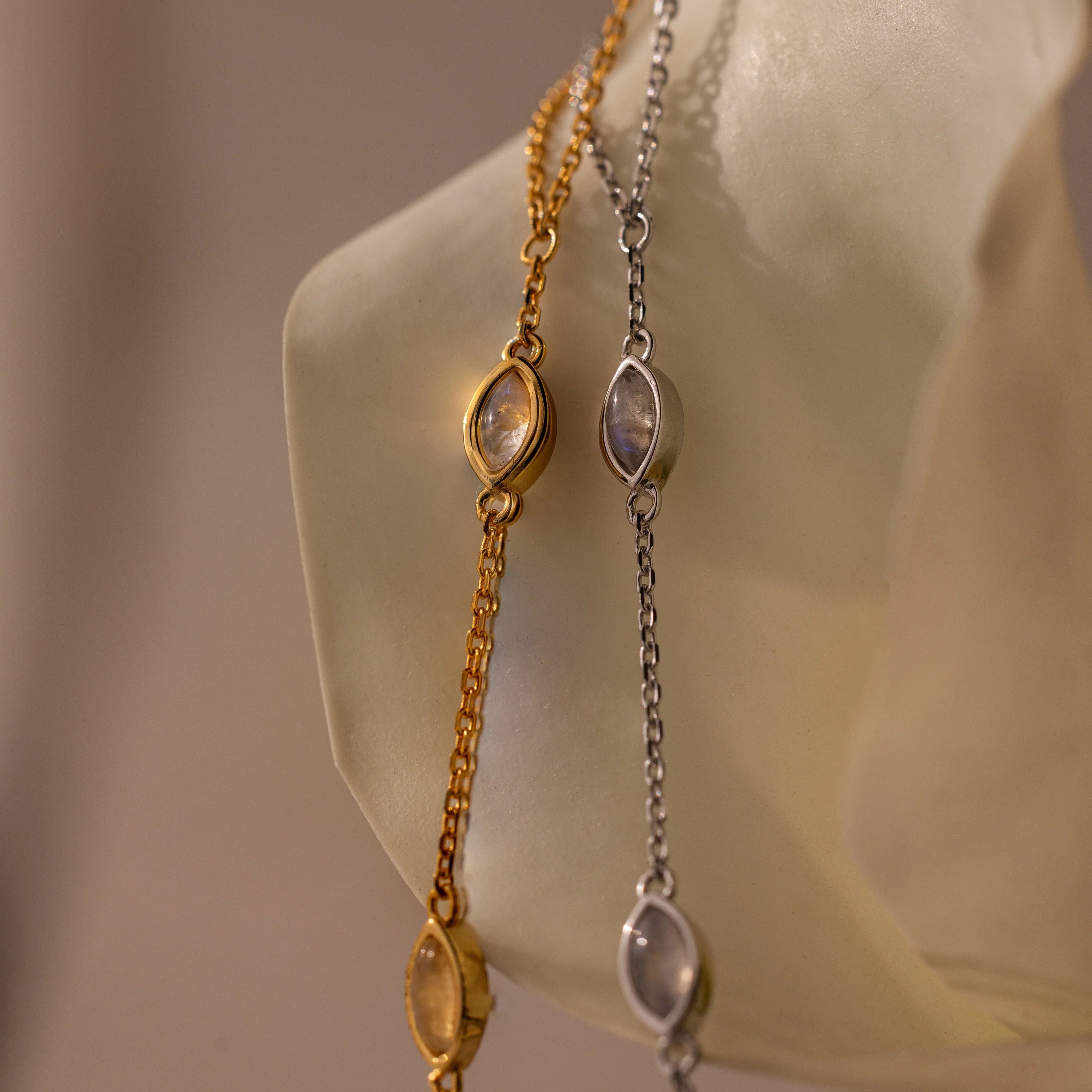 Moonstone Hand Ring Chain Bracelet Silver 18K Gold Plated