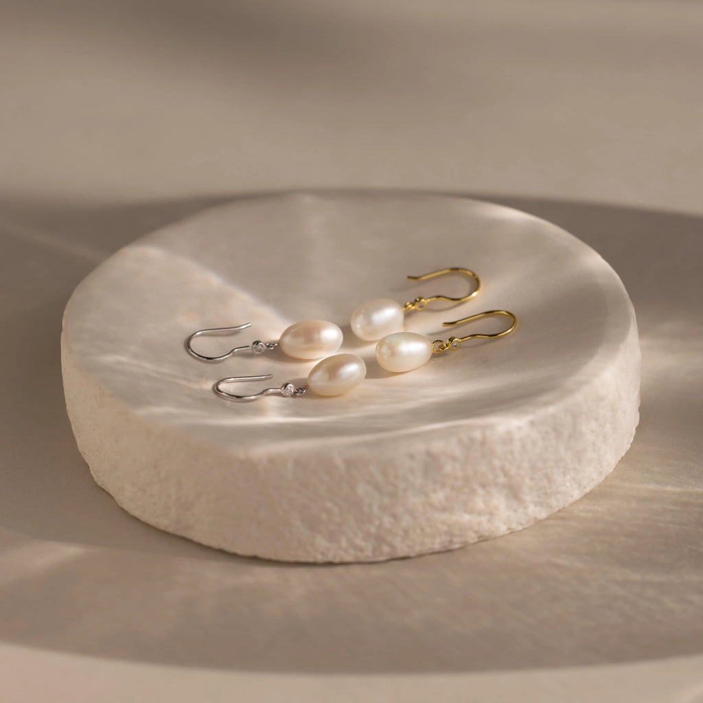 Diamond Pearl Threader Earrings Silver 18K Gold Plated