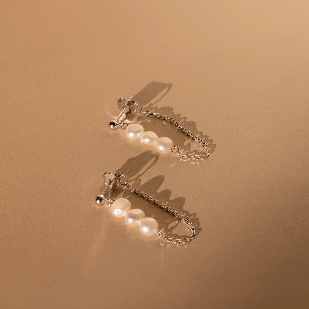 Triple Pearl Drop Earrings Silver 18K Gold Plated