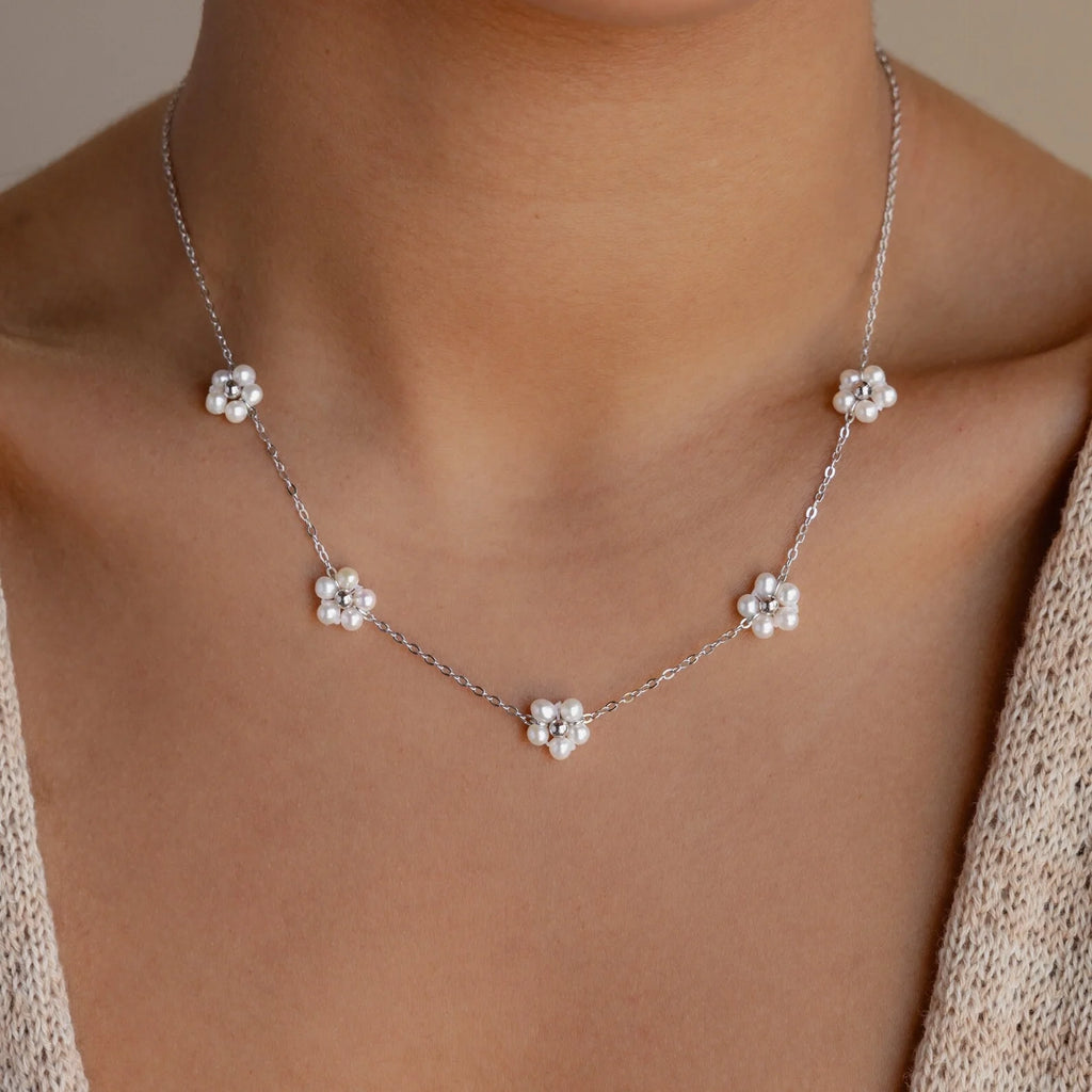 Flower Pearl Station Necklace Silver 18K Gold Plated
